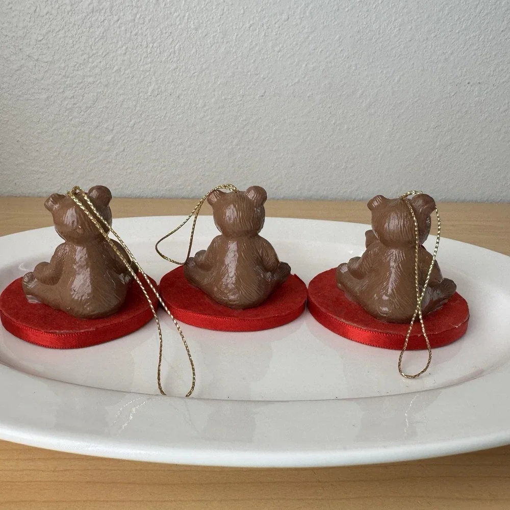 Vtg 80s Christmas Teddy Bear Ornaments w/ Ball Candle Lot 3‎ Kitsch Taiwan Red